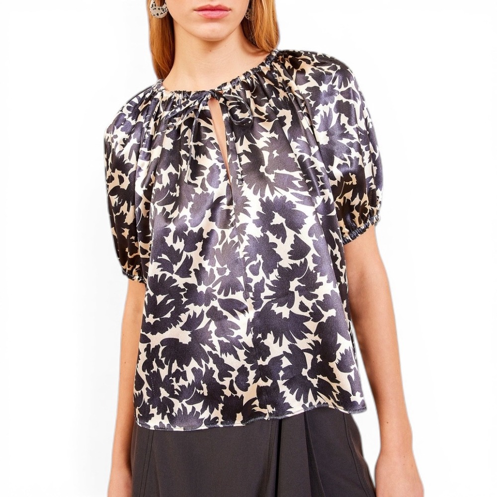 Ulla Johnson Neema
Satin Blouse Top Black Cream Floral Satin Puff Sleeve XS